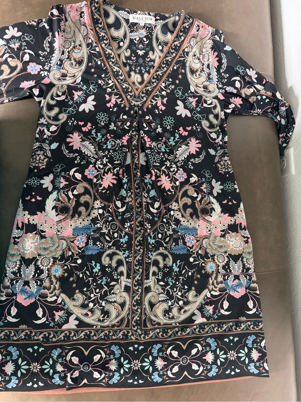 Hale Bob Black Floral Paisley V-Neck Tunic with Pink, Light Blue and Tan Accents
